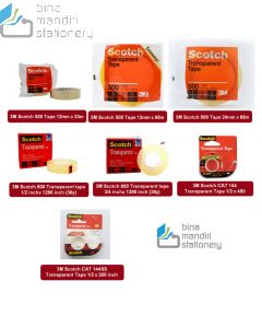 toko atk kantor & perlengkapan sekolah bina mandiri stationery menjual Berbagai ukuran Selotip Transparan (cellulose tape) 3M Scotch Tape 12 mm / 18 mm /24 mm type Scotch 500 S/M/L, Scotch 600, Scotch CAT 144 / 144SS dengan panjang 36 yards (33 meter) dan